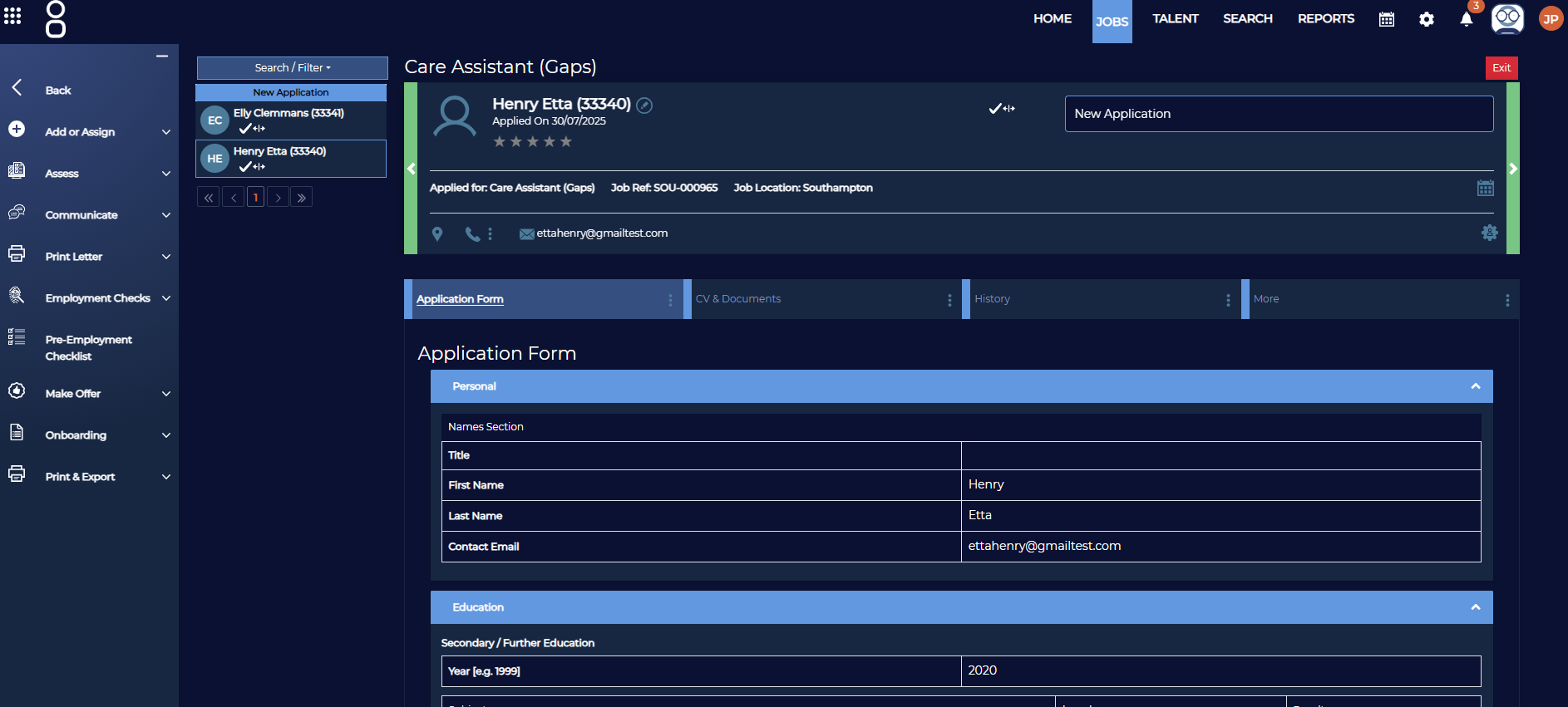 Candidate profile screenshot